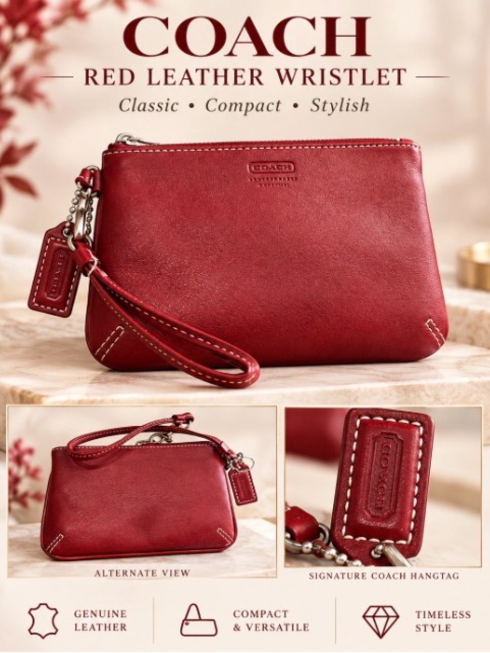 Coach Red Leather Wristlet with Signature Hangtag